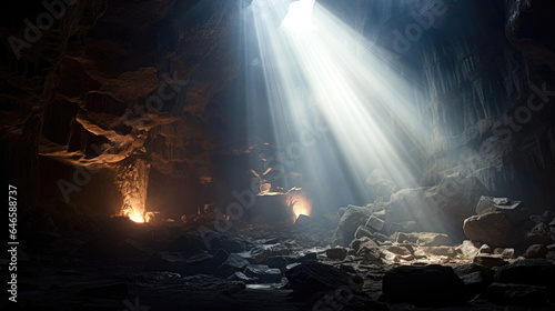 Light rays shining inside cave. Generative AI