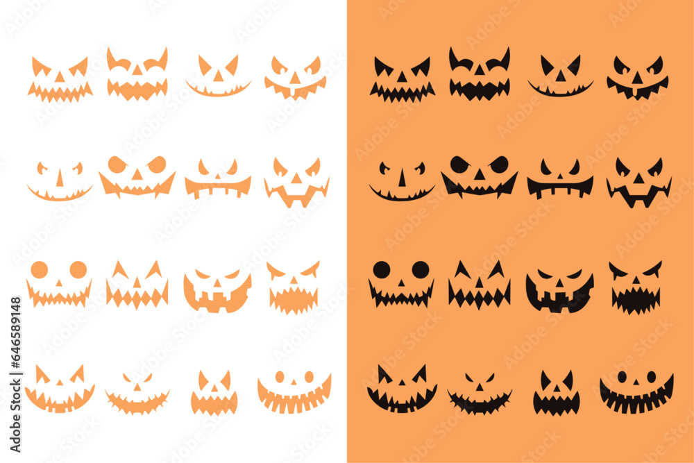 Halloween faces icon set. Creepy pumpkin smile on white and light orange background. Design for the Halloween festivity. Vector illustration.
