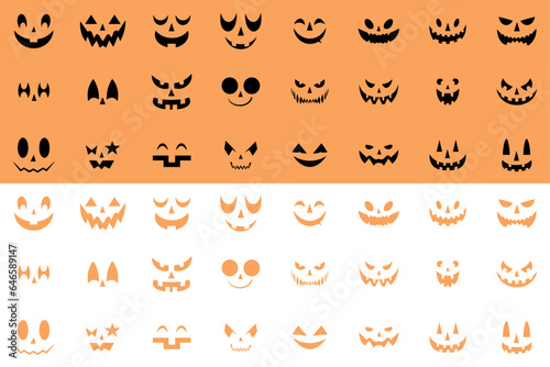 Face icon set for Halloween. Dreadful pumpkin smiling on white and pale orange background. Design for the Halloween celebration. Vector illustration. 