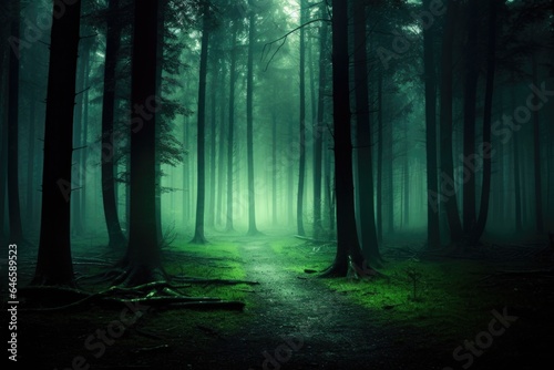 Misty spooky forest background  gloomy trees in scary horror foggy woods Happy Halloween dark night creepy nature mist fantasy atmosphere mystery dramatic landscape fall nightmare scenery. Copy space