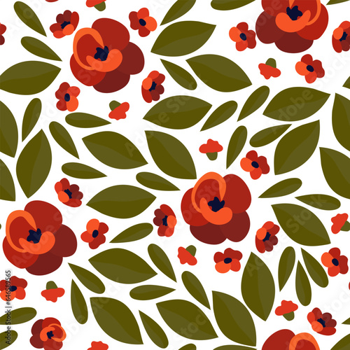 Seamless pattern with dark red flowers and green leaves on a white background. A simple composition with artistic flowers. Floral print, romantic, bright, botanical background with isolated flowers