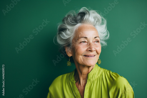 Print op canvas Beautiful portrait of a grandmother with beautiful hair on a bright green backgr