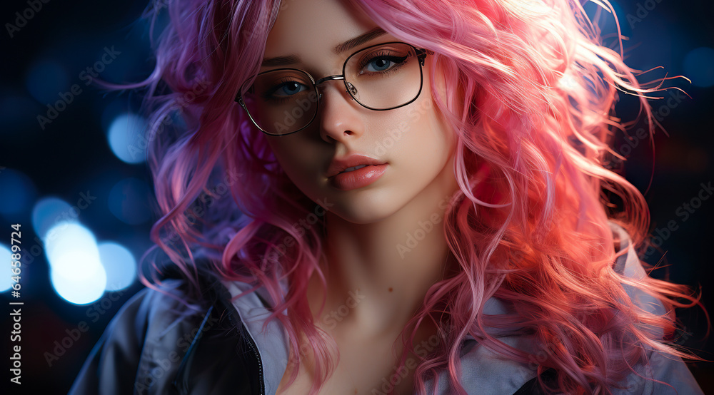 Sensual woman with pink hair and blue eyes with a striking appearance. Attractive woman with glasses and intellectual flair with unique charm in dramatic lighting. Sensual woman with pink hair and blue eyes with a striking appearance. Attractive woman with glasses and intellectual flair with unique charm in dramatic lighting.