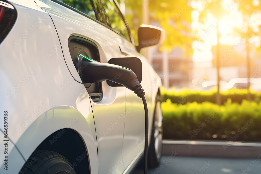 Close up electric car charging at station, electric car parked at charging station with the power cable supply plugged in Close up electric car charging at station, electric car parked at charging station with the power cable supply plugged in