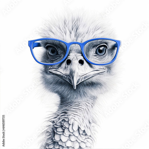 illustration of an ostrich with blue glasses, painting, print, printable sheet