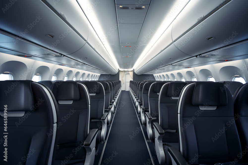 Empty passenger seats inside a modern airplane, reflecting the comfort and spaciousness of air travel Empty passenger seats inside a modern airplane, reflecting the comfort and spaciousness of air travel