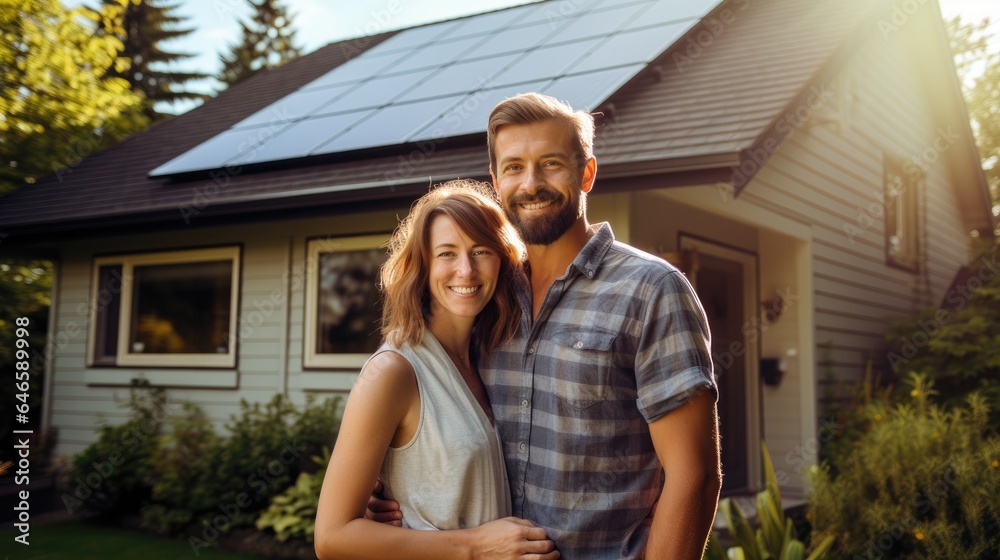 Happy couple standying near their house with solar panels. Alternative energy, saving resources and sustainable lifestyle concept. Generative AI