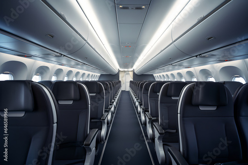 Empty passenger seats inside a modern airplane, reflecting the comfort and spaciousness of air travel