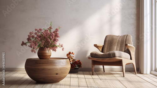 Boho Style Decor, Modern Minimalistic Chair, Flowers in a vase and a coffee table