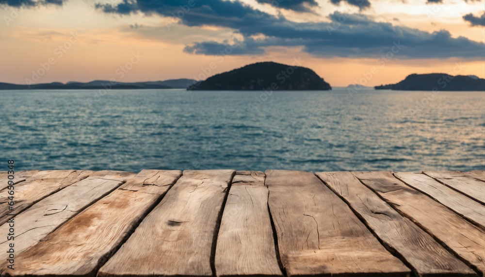 Sea, island, and blue sky background with wooden table in the foreground