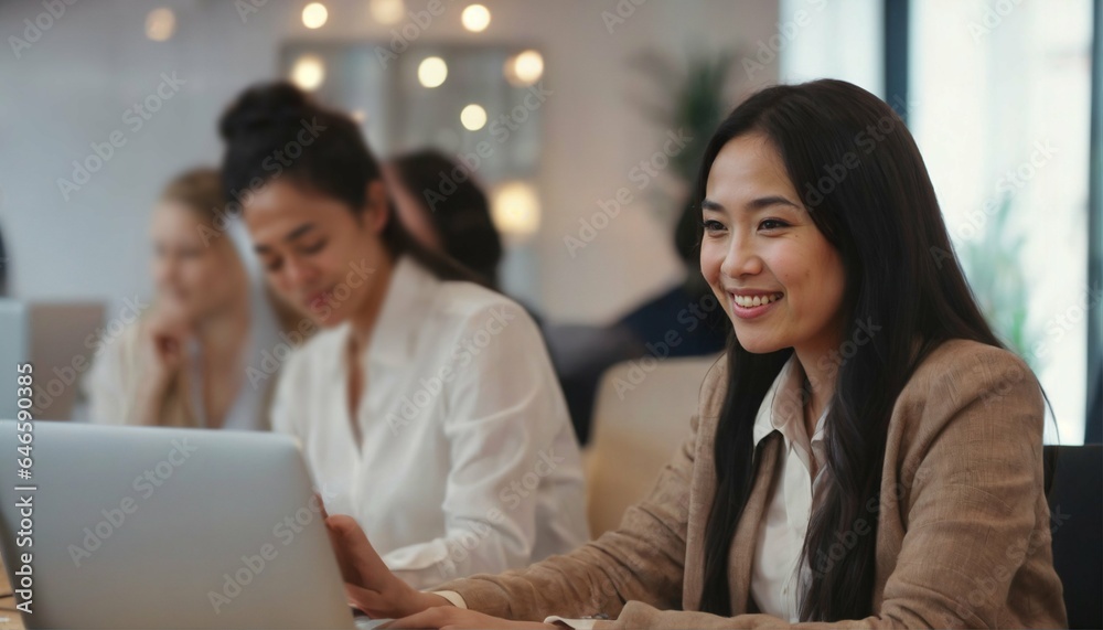Radiant smiling Asian office girl immersed in work on her laptop computer against an office background Radiant smiling Asian office girl immersed in work on her laptop computer against an office background