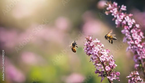Bees working on beautiful colorful natural flower background with bokeh on a bright sunny spring and summer day