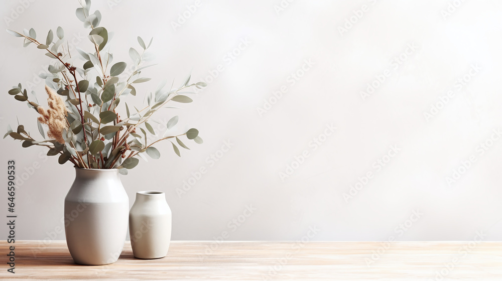 Boho Style Decor - Table against a blank wall, Eucalyptus in a vase, Rustic wooden table Boho Style Decor - Table against a blank wall, Eucalyptus in a vase, Rustic wooden table