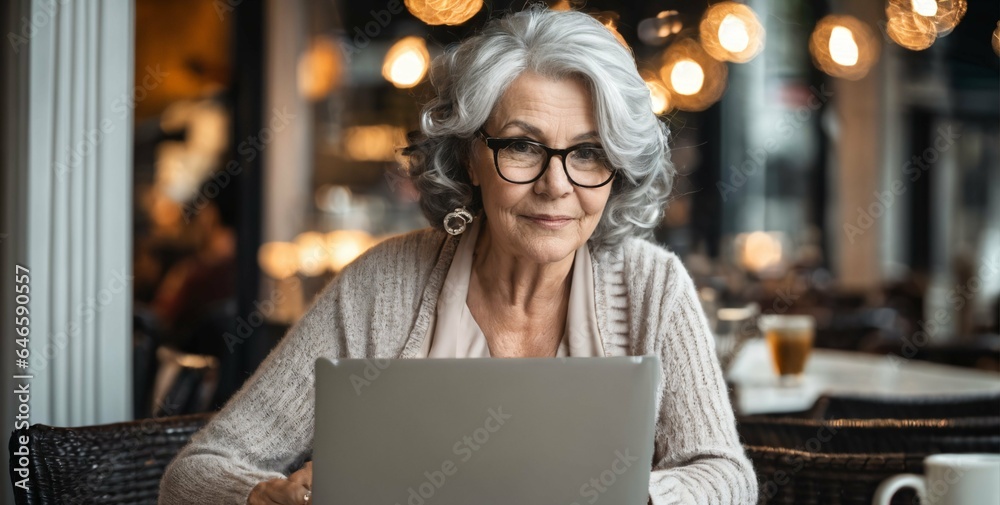 © ibreakstock - Senior adult woman in glasses using laptop, older woman in her 50s with grey hair working on laptop computer in cafe at table © ibreakstock - Senior adult woman in glasses using laptop, older woman in her 50s with grey hair working on laptop computer in cafe at table