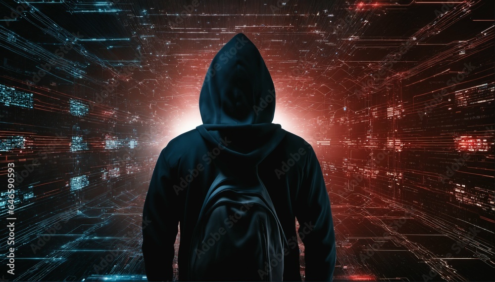 Glowing data and intricate code surround anonymous hacker in black hoodie