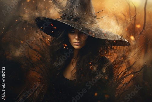 Magic gothic enchanted beautiful witch woman evil fairy girl magician wearing dress and hat in Happy Halloween spooky scary fantasy fall scene with creepy horror night light background. Portrait.