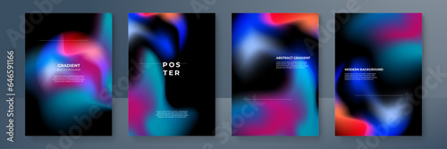 Gradient poster collection with abstract colorful gradient sphere. Glowing vibrant gradient shape on dark background. Design template for flyer, social media, banner, placard. Vector illustration