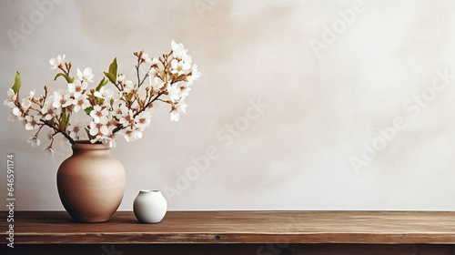 Boho Style Decor - Table against a blank wall, Apple Blossoms in a vase, Rustic wooden table
