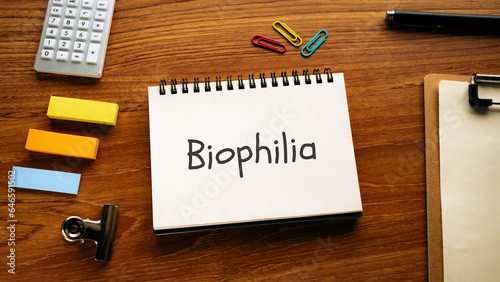 There is notebook with the word Biophilia. It is as an eye-catching image.