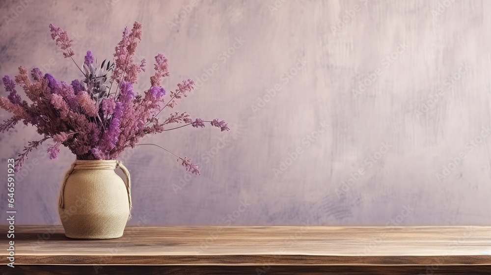 Boho Style Decor - Table against a blank purple wall, Flowers in a vase, Rustic wooden table