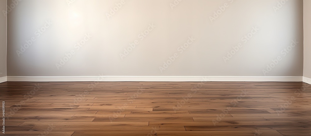 Dark wooden floating laminate flooring in an empty room in a newly painted house. Wide bedroom or living room space of a recently renovated apartment or house managed by a real estate company. Dark wooden floating laminate flooring in an empty room in a newly painted house. Wide bedroom or living room space of a recently renovated apartment or house managed by a real estate company.
