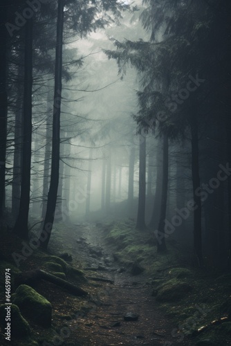 Misty spooky forest background  gloomy trees in scary horror foggy woods Happy Halloween dark night creepy nature mist fantasy atmosphere mystery dramatic landscape fall nightmare scenery. Copy space