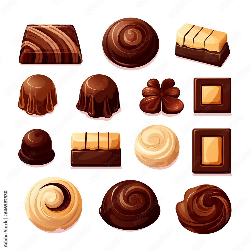 Chocolate candies icons set. Collection of chocolate candies isolated on white background. A set of sweets. Poster with dark cocoa candies in round, square and rectangular shapes. Chocolate candies icons set. Collection of chocolate candies isolated on white background. A set of sweets. Poster with dark cocoa candies in round, square and rectangular shapes.