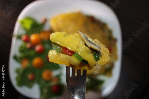 food detail on fork vegan omelet