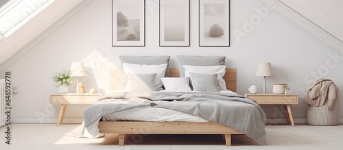 Attic bedroom with modern design. White and grey decor. Double bed, wooden furniture, and picture on the wall. Light Scandinavian style indoors. © Vusal