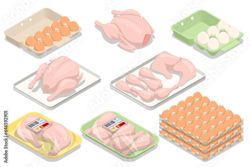 Isometric Chicken Egg Packaging. Eggs in a cardboard box isolated on a background. Portioned chicken meat on plastic trays. Vacuum packaging for storage, transportation of chicken