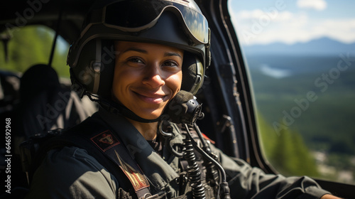 Female African American military helicopter pilot in the cockpit - generative AI. © Andy Dean