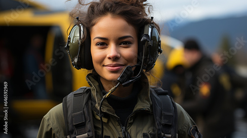 Female African American military helicopter pilot standing near her aircraft - generative AI.