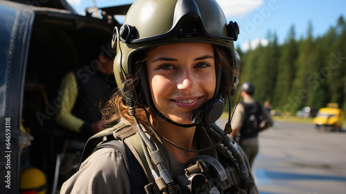 Female military helicopter pilot standing near her aircraft - generative AI. © Andy Dean