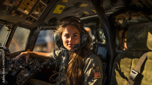 Female military helicopter pilot in the cockpit - generative AI. © Andy Dean