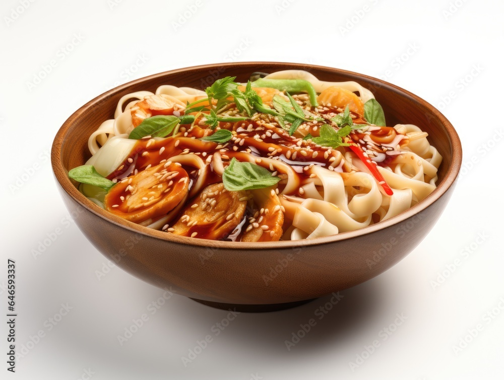A bowl of udon noodle soup, featuring thick wheat noodles in a savory broth, Japanese dish.