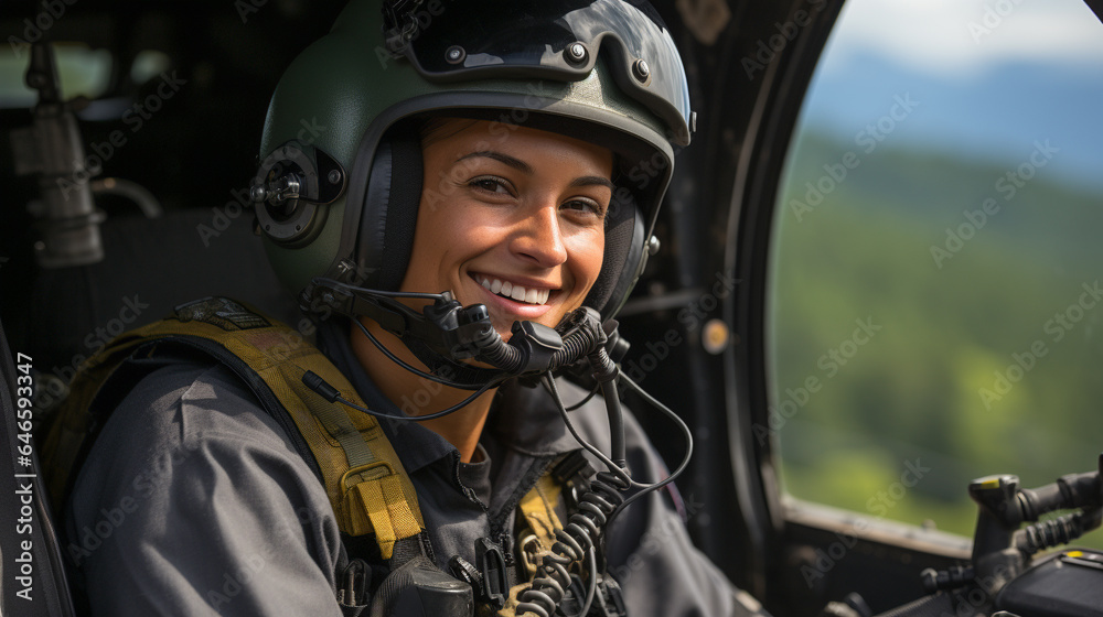 Female African American military helicopter pilot in the cockpit - generative AI.