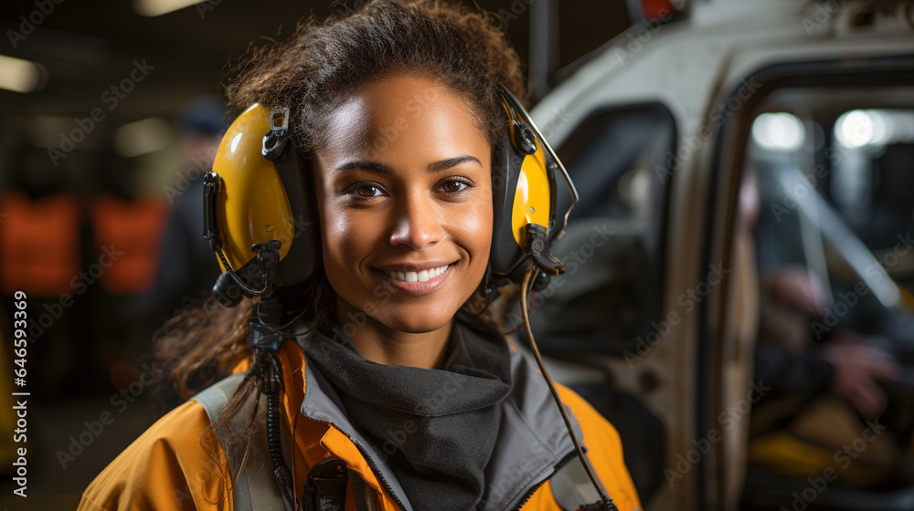 Female African American search and rescue helicopter pilot standing near her aircraft - generative AI. Female African American search and rescue helicopter pilot standing near her aircraft - generative AI.