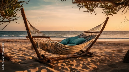 Tranquil sunset beach escape with hammock, ocean and serene beauty.