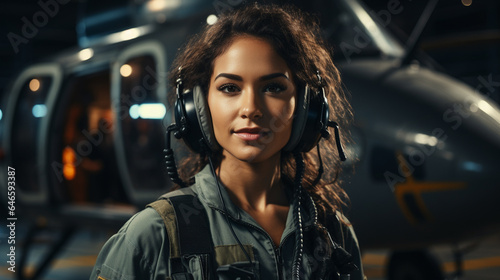 Female African American military helicopter pilot standing near her aircraft - generative AI.