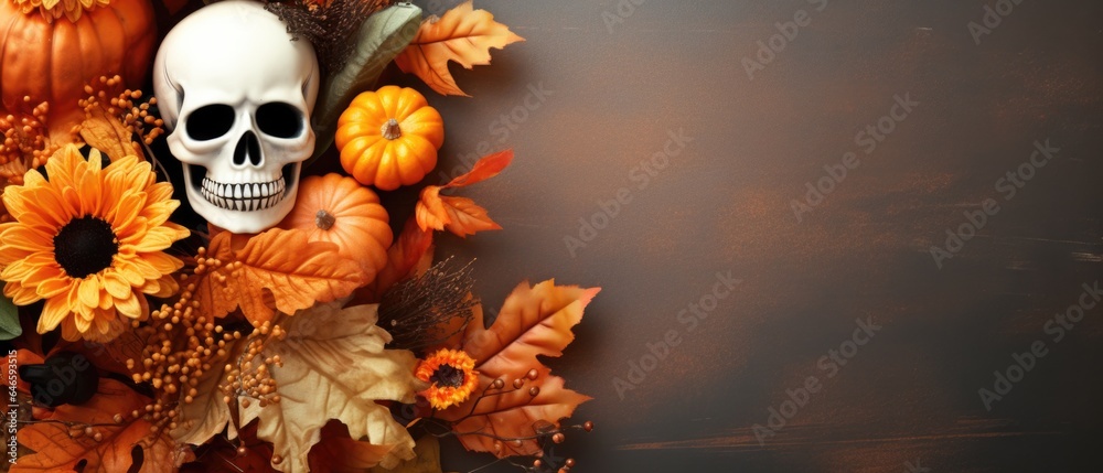 Happy Halloween holiday spooky scary background with decoration skull and flowers, Haloween event invitation poster card backdrop, trick or treat santa muerte fall party. Flat lay. Happy Halloween holiday spooky scary background with decoration skull and flowers, Haloween event invitation poster card backdrop, trick or treat santa muerte fall party. Flat lay.