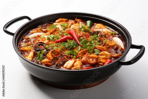 A black pot filled with food on top of a white table. Fictional image. Sichuan hotpot dish.