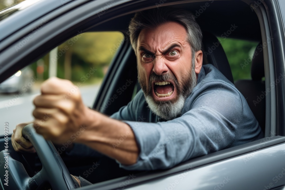 Very angry man shouting while driving his car in traffic Very angry man shouting while driving his car in traffic