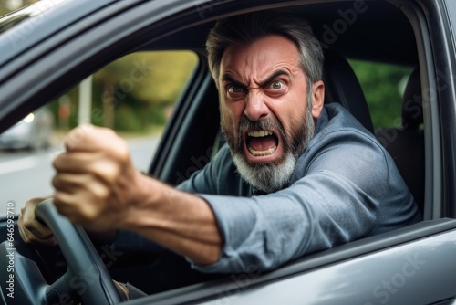 Very angry man shouting while driving his car in traffic