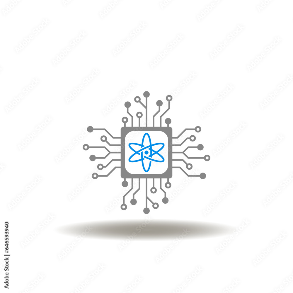 Vector illustration of microchip and atom sign. Icon of science and tech. Symbol of quantum computing technology. Vector illustration of microchip and atom sign. Icon of science and tech. Symbol of quantum computing technology.