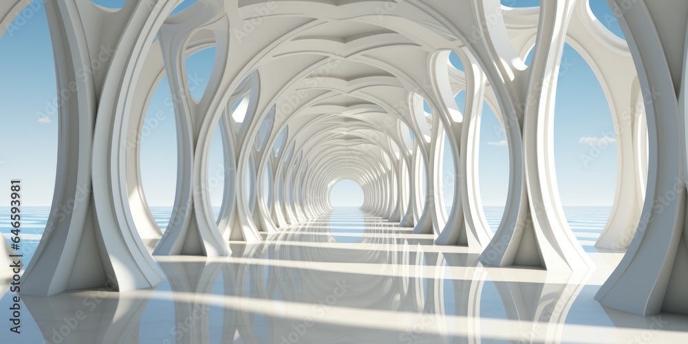 A very long hallway with a lot of arches. Fictional image.