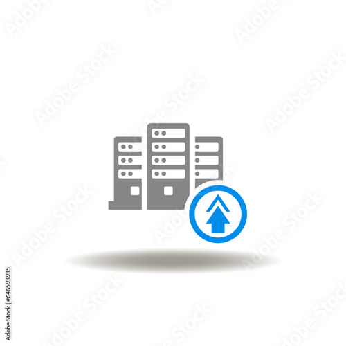Vector illustration of servers rack and arrow up sign. Icon of data enrichment. Symbol of web hosting, data center.