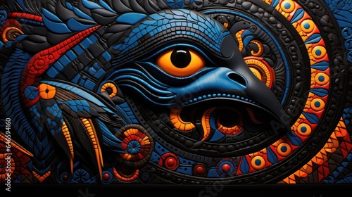 A close up of a painting of a bird. Fictional image. Tribal art.