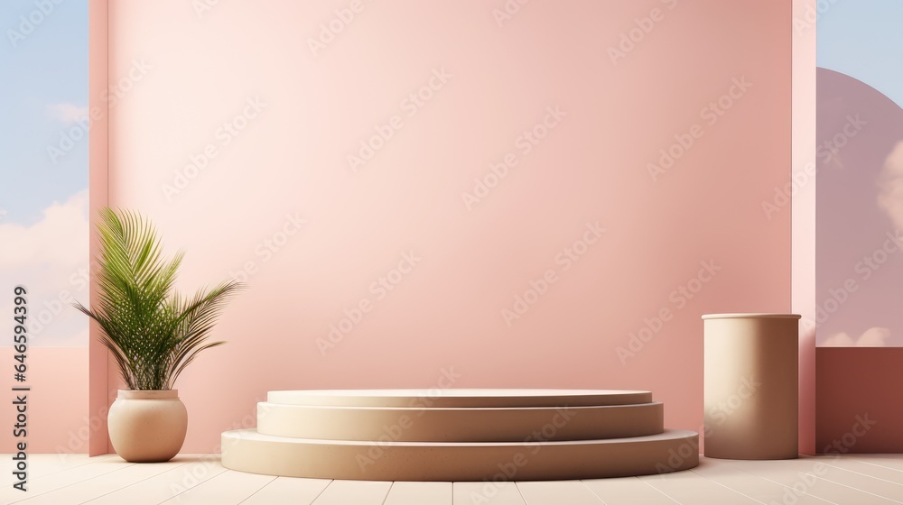 podium background Cozy chair in modern home with greenery and minimal decor.