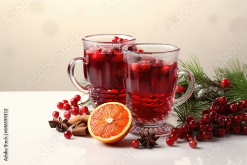 Two glasses of red mulled vine or tea with cranberries and an orange. Fictional image.