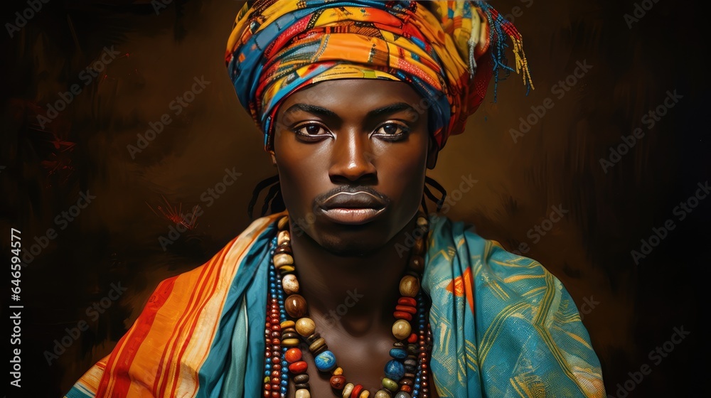 Obraz premium Young adult with diverse ethnicity wearing traditional clothing, turban, and multi-colored jewelry.